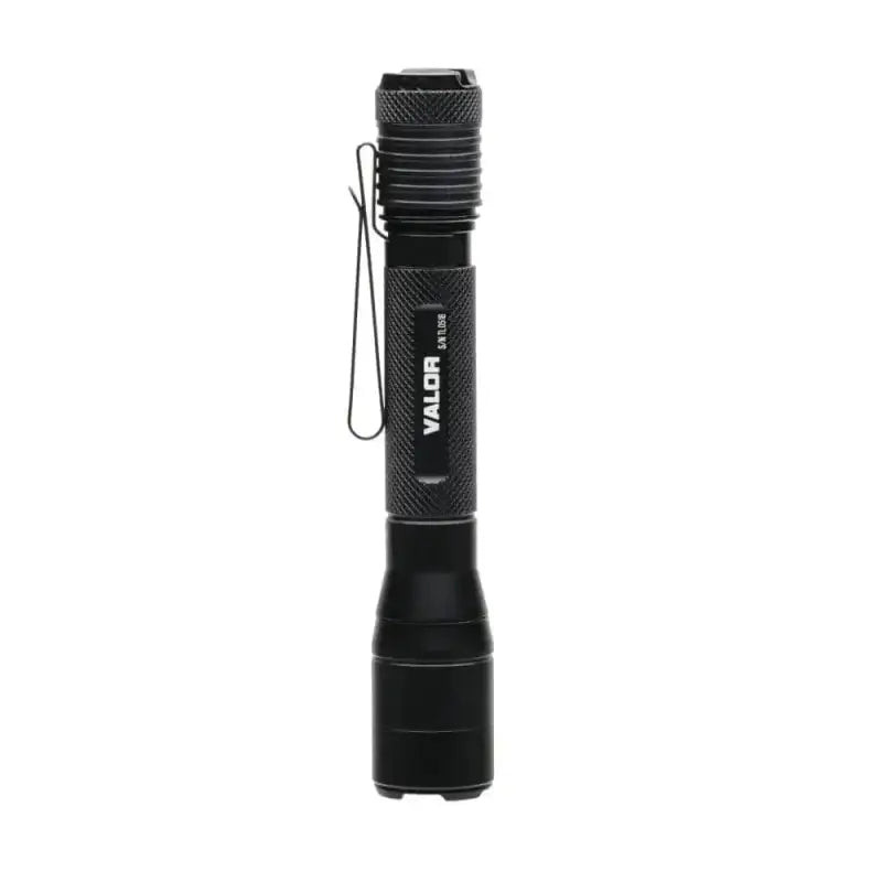 Black tactical LED flashlight with textured grip and pocket clip, featuring Powertac Valor design