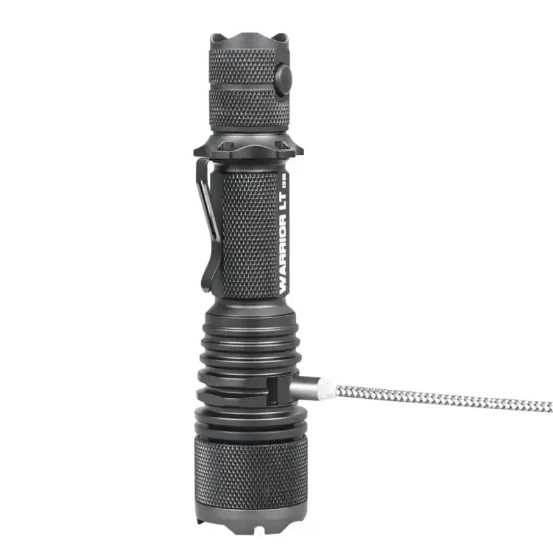 Black tactical LED flashlight with textured grip for Warrior LT-G5 long throw tactical flashlight