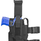 Black Tactical Drop Leg Holster with adjustable straps and blue-handled pistol