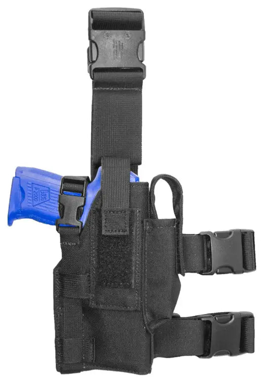 Black Tactical Drop Leg Holster with adjustable straps and blue-handled pistol