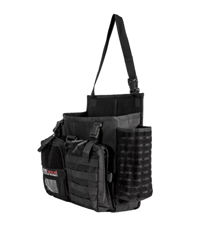 Black tactical messenger bag with MOLLE webbing, perfect for the Harlej Bag collection