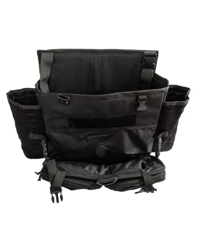 Black Harlej Bag with multiple compartments and straps for versatile storage