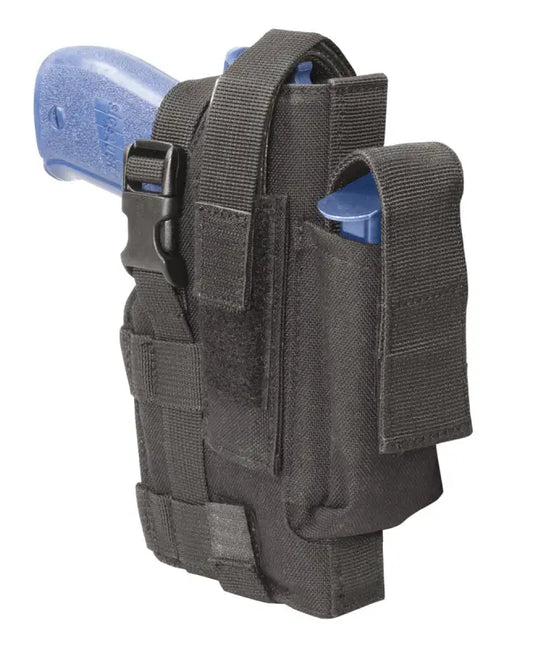 Black tactical belt holster with adjustable straps for 5’’ large frame blue handgun