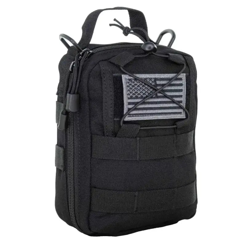 Black tactical MOLLE pouch with American flag patch for trauma bag and gunshot bag use