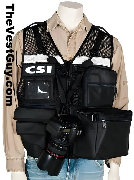 Black Mesh CSI Vest featuring tactical design, Velcro closure pockets, and storage versatility