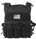 Black tactical plate carrier with integrated magazine pouches for large size body armor by Redemption Tactical
