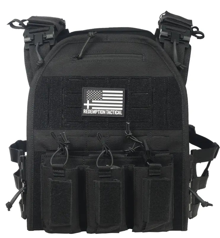 Black tactical plate carrier with integrated magazine pouches for large size body armor by Redemption Tactical