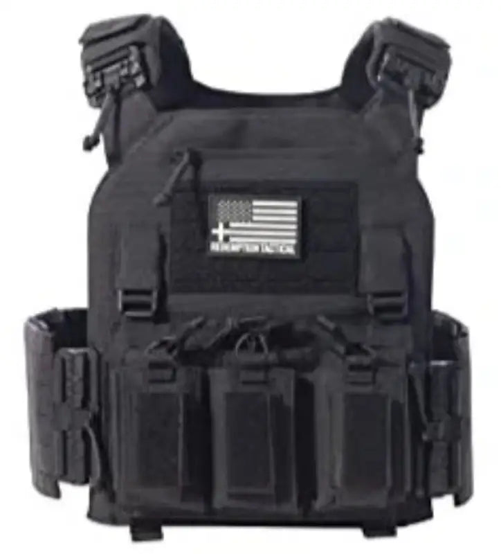 Black tactical body armor with medical kit pouches and American flag patch by Redemption Tactical
