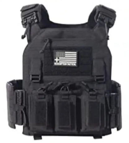 Black tactical body armor with medical kit pouches and American flag patch by Redemption Tactical