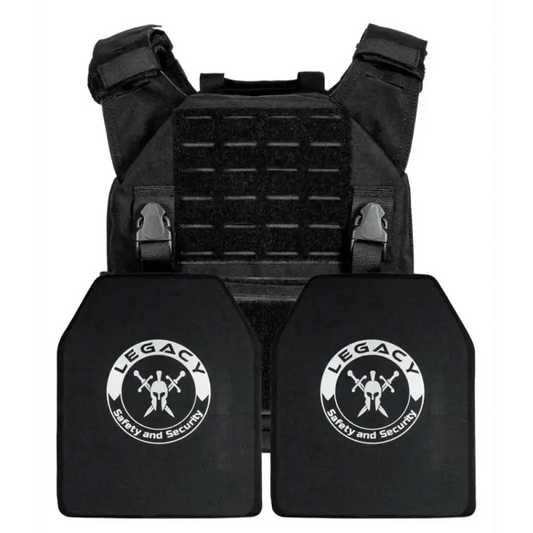 Black QRF Plate Carrier Full Package with Legacy logos and Level III armored plates