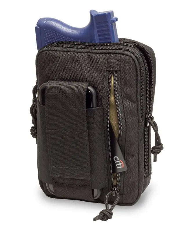 Black tactical pouch with blue handgun, part of the Liberty Gun Pack for concealed carry