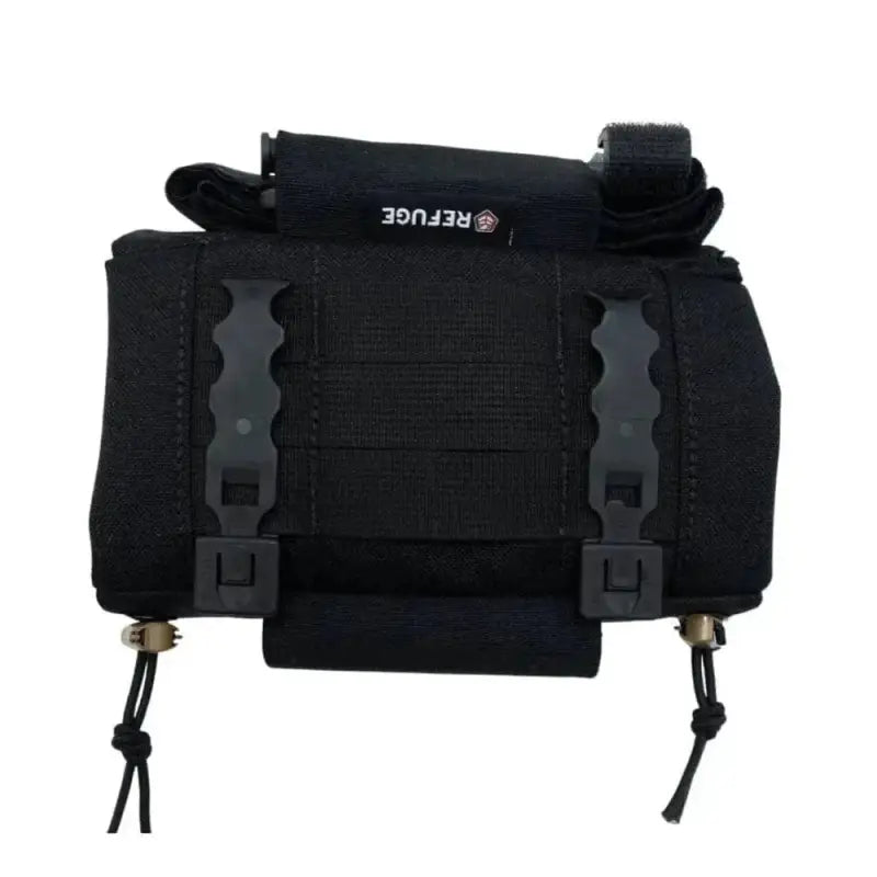 Black tactical pouch with buckle straps and adjustable cords for OPFAK, 2 week lead-time