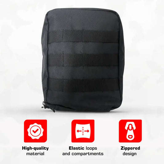 Black tactical pouch with MOLLE webbing for emergency response and first responders
