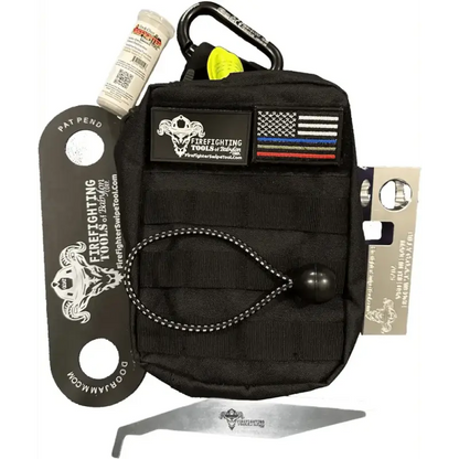 Black tactical pouch with patches and tools from the Ultimate Firefighter Tool Kit