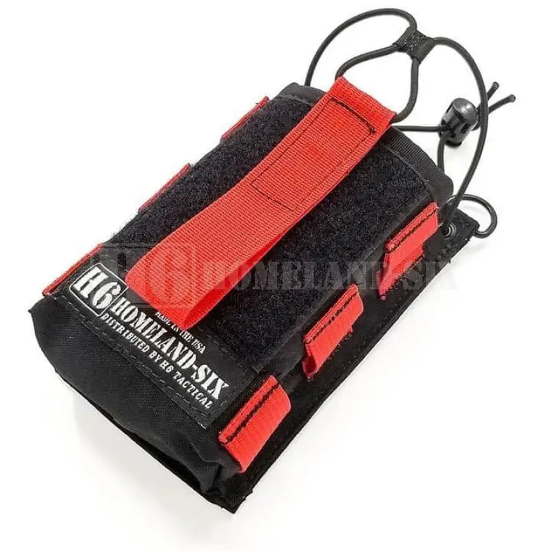 Black tactical pouch with red straps and MOLLE webbing from H6 Frontline Radio Strap Kit Inferno Series