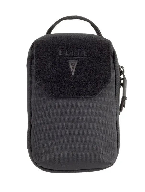 Black tactical pouch with velcro panel and zipper closure for pocket organizer use