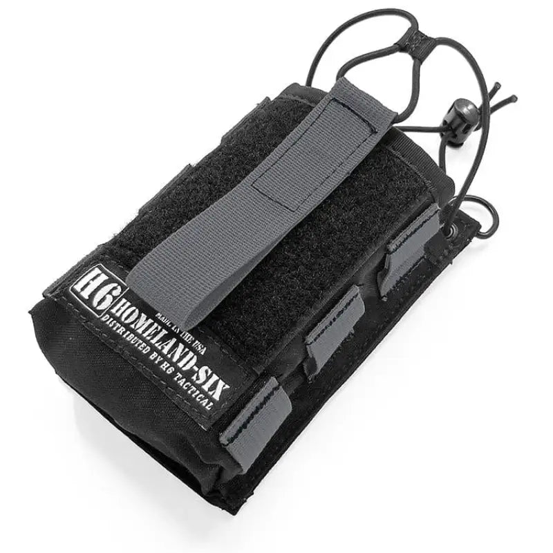 Black tactical radio pouch with velcro and elastic, ideal for H6 Frontline Radio Strap