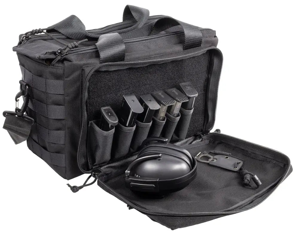 Black tactical Elite Range Bag with multiple pistol magazine pouches and compartments