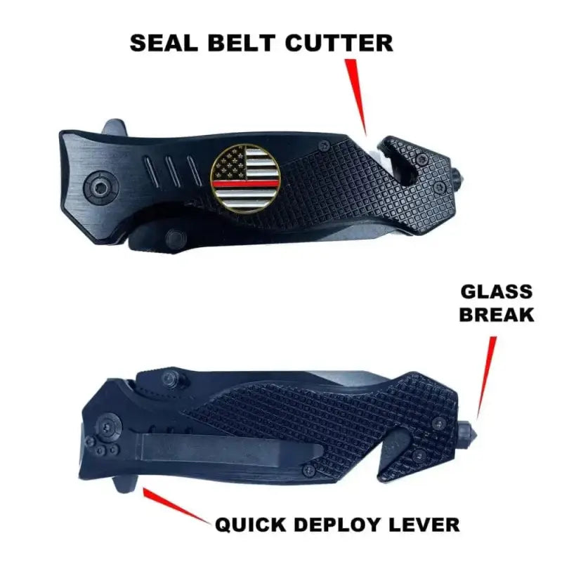 Black Tactical Rescue Knife Tool with Steel Serrated Blade, Seatbelt Cutter, Glass Breaker