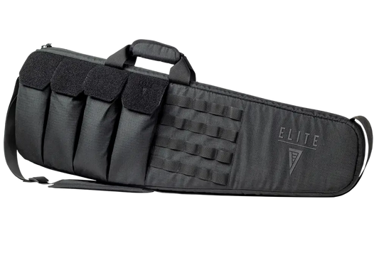 Black Sporting Rifle Case with durable construction, MOLLE webbing, and shoulder strap