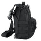 Black tactical shoulder sling backpack with MOLLE webbing and multiple compartments