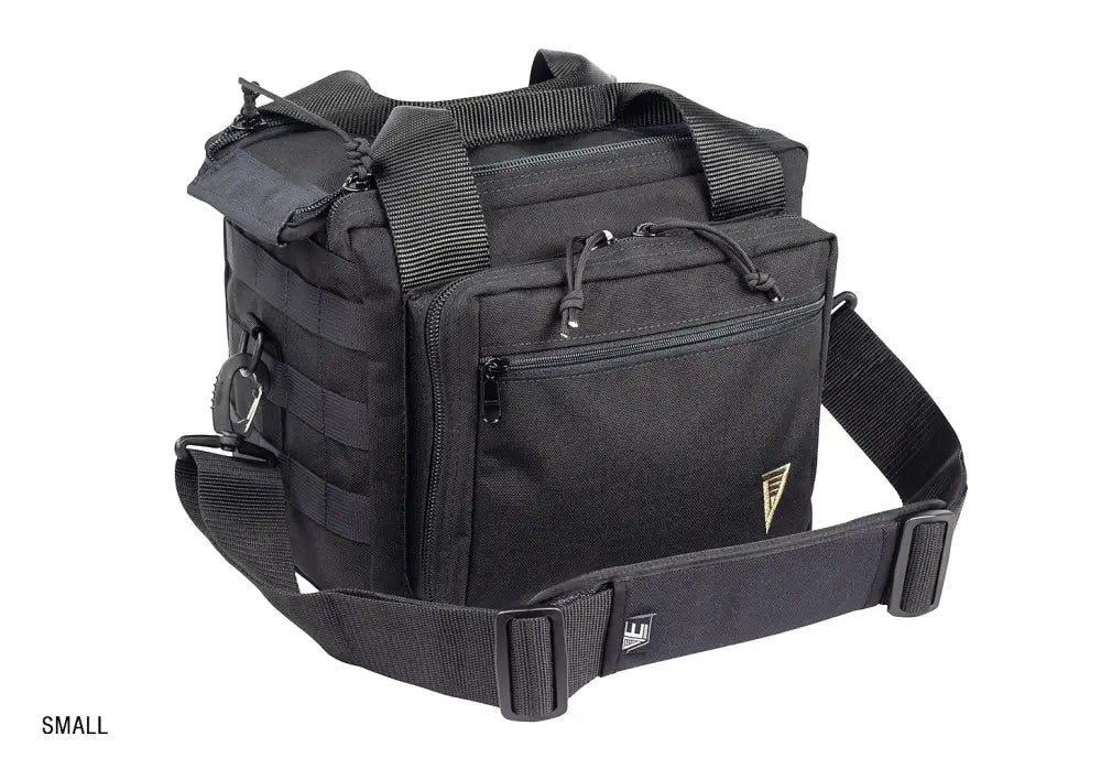 Black tactical shoulder bag with multiple compartments, perfect for the Elite Range Bag