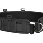 Black tactical utility battle belt with MOLLE webbing and D-ring attachments