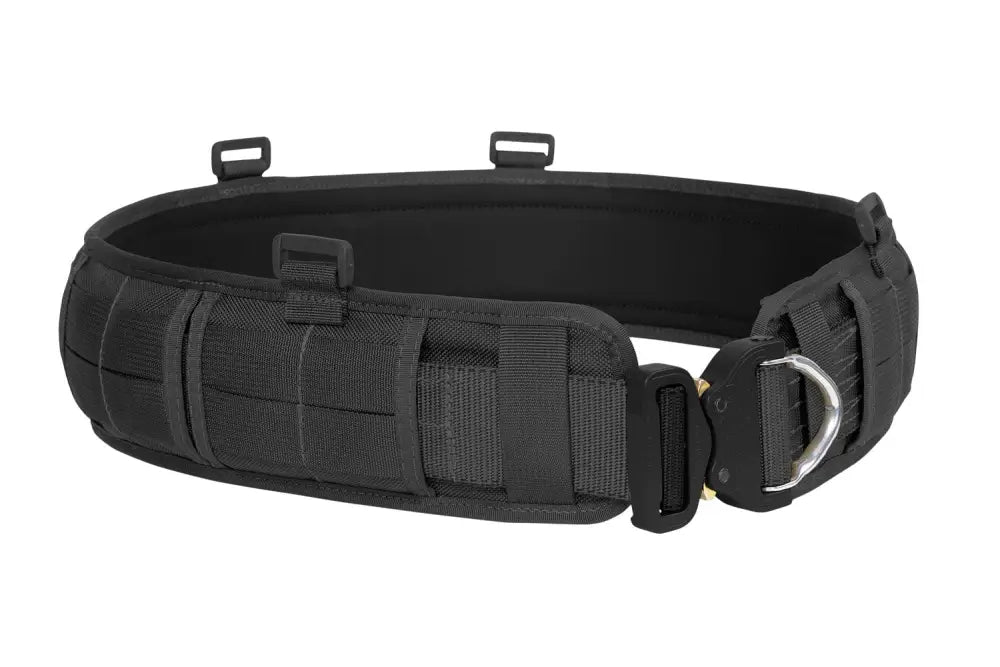 Black tactical utility battle belt with MOLLE webbing and D-ring attachments