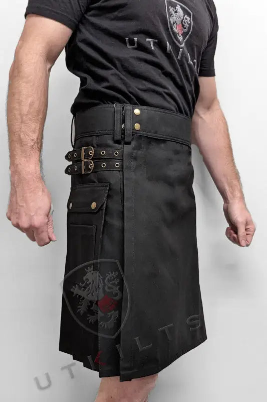 Black Tactical Utility Kilt with Buckle Straps and Cargo Pockets in Standard Utility Kilt style