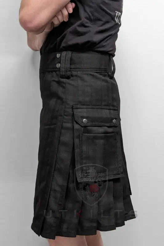 Black Isle Tartan Utility Kilt featuring a pleated design and multiple cargo pockets