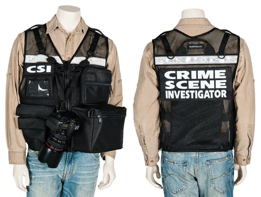 Black mesh CSI vest with Crime Scene Investigator text and multiple velcro closure pockets