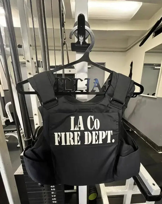 Black tactical vest with LA CO FIRE DEPT. text featuring Death Grip Clip technology