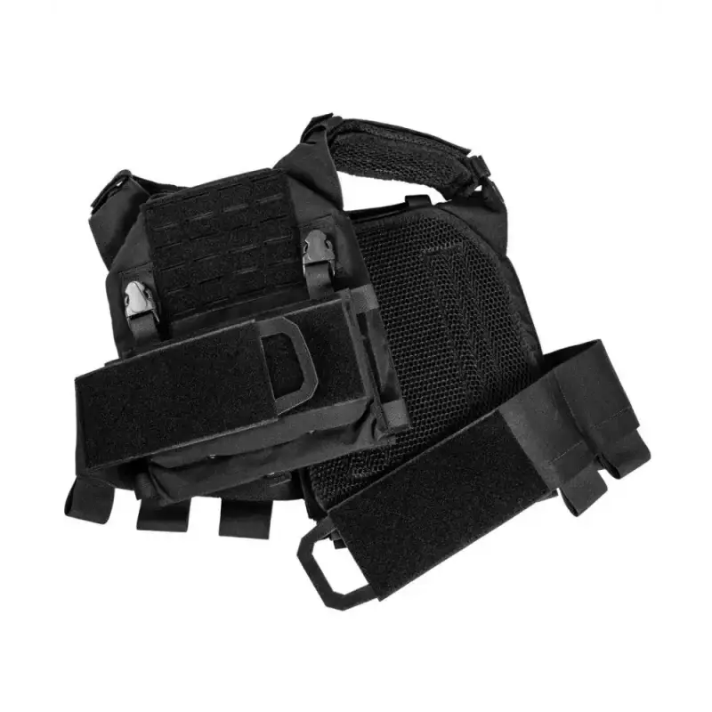 Black tactical vest with MOLLE webbing and adjustable straps for QRF Low Visibility Minimalist