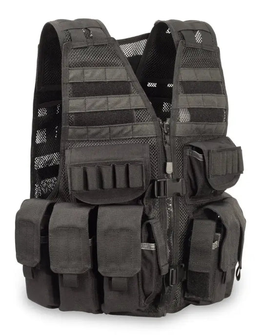 Black tactical vest with MOLLE webbing and interchangeable panels for modular use