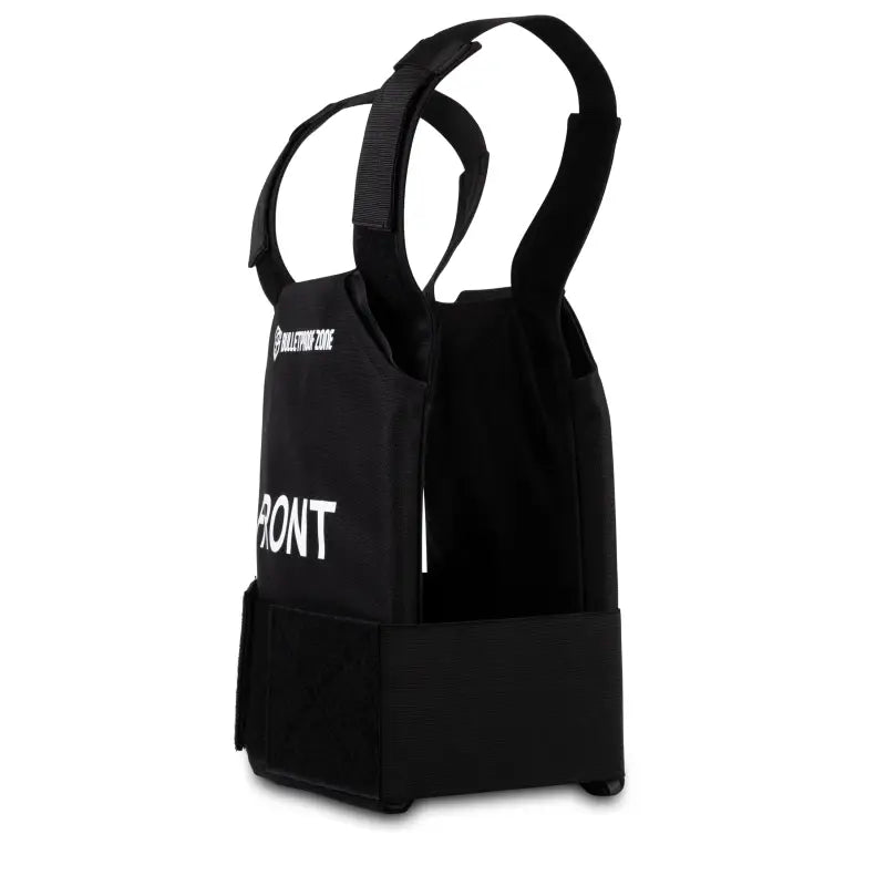 Black tactical vest featuring shoulder straps and front pockets, ideal as a Level III bulletproof vest