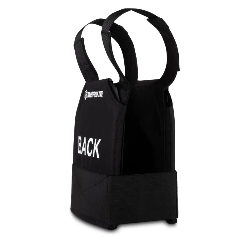 Black tactical vest with shoulder straps labeled BACK, ideal for ProtectVest® - Fast, NIJ Level IIIA