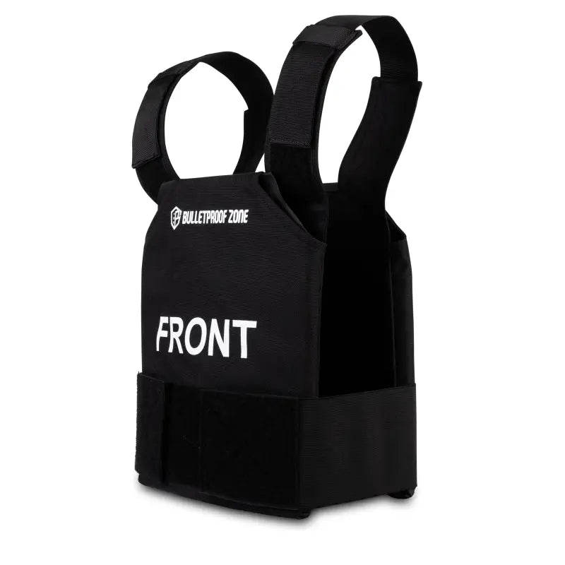 Black ProtectVest Mini featuring FRONT text on an 8’’x10’’ Level IIIA Bulletproof Vest