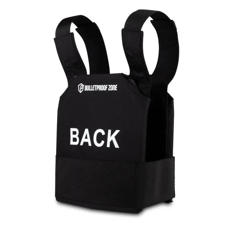 Black ProtectVest L3 Mini features BACK text on a Level III Bulletproof Vest for children