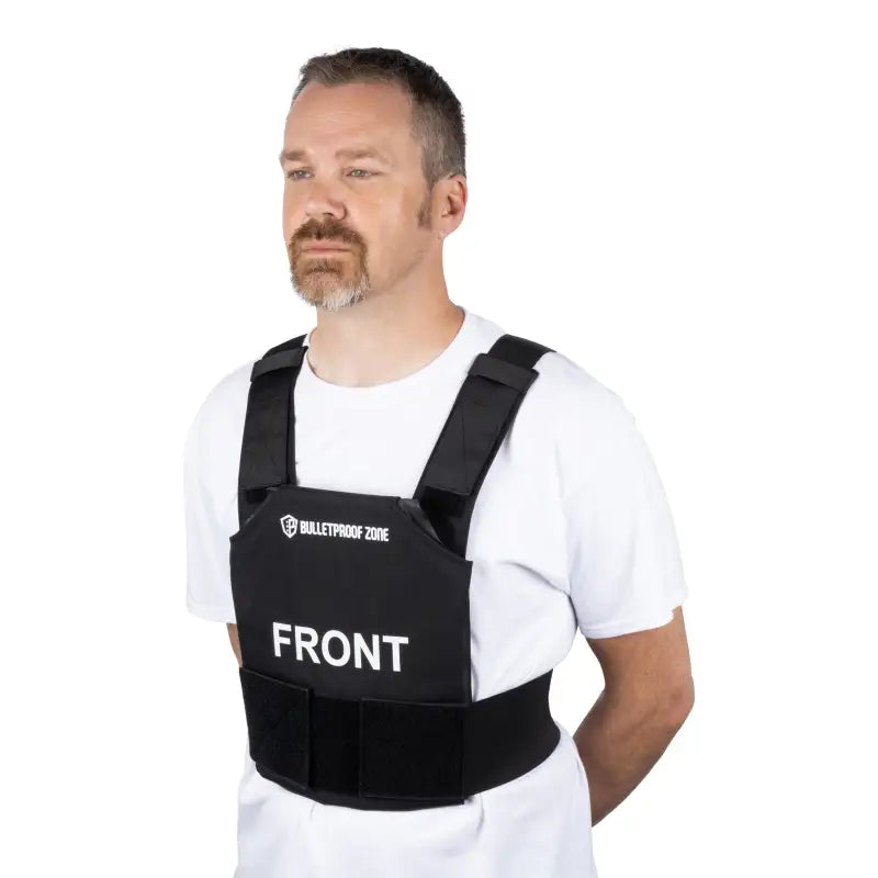 Black tactical vest with FRONT text and adjustable straps, 10x12 Level III Bulletproof Vest