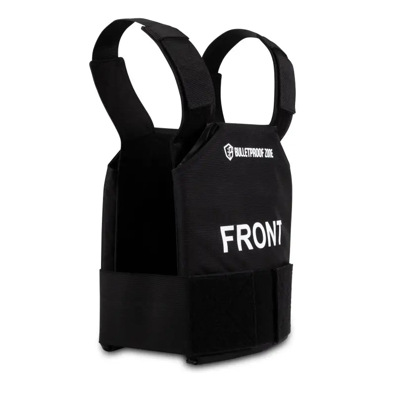 Black tactical vest with FRONT text, ProtectVest® L3 Mini, 8’’x10’’ Level III Bulletproof Vest