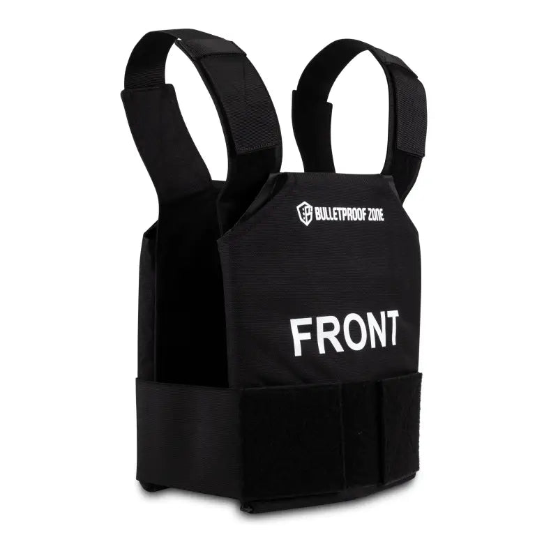 Black tactical vest with FRONT text, featuring 10x12 Level III Bulletproof Vest design