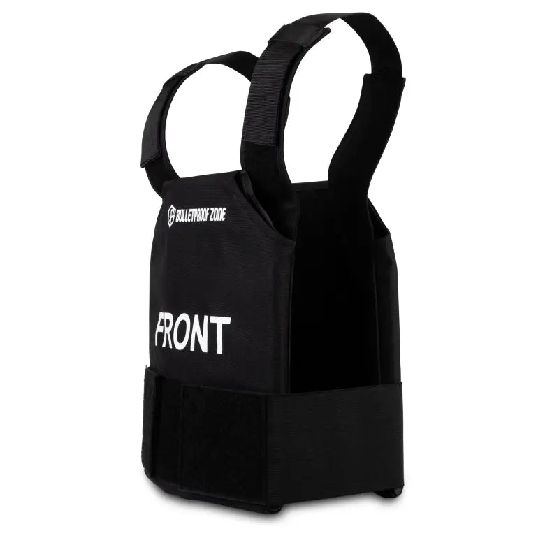 Black tactical vest with FRONT text, featuring 10x12 Level III bulletproof protection