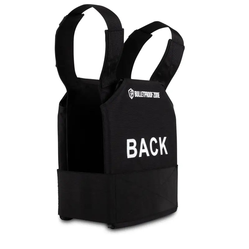 Black tactical vest with BACK text, featuring 10’’x12’’ Level III bulletproof protection