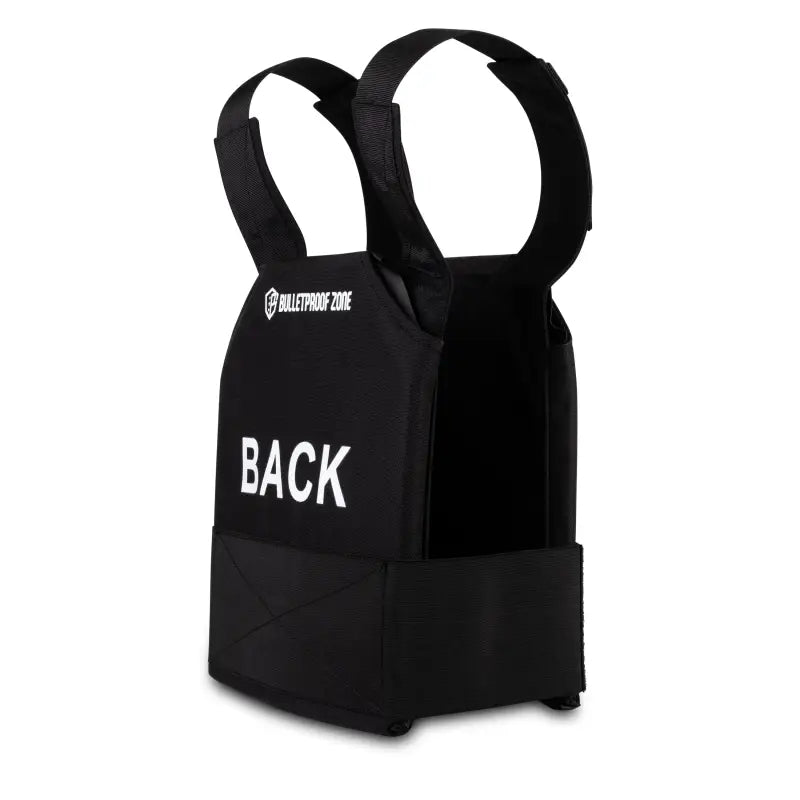 Black tactical vest with BACK text from ProtectVest® - Fast, NIJ Level IIIA available