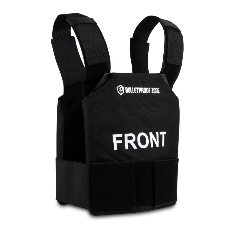 Black tactical vest with FRONT text and shoulder straps for ProtectVest® - Fast NIJ Level IIIA