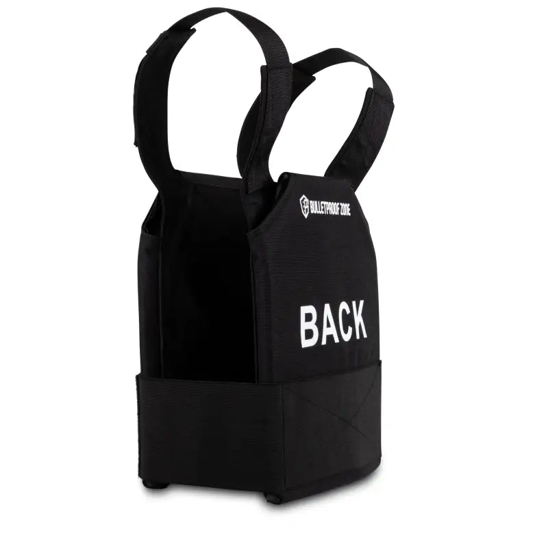 Black tactical vest with BACK text and shoulder straps, featuring 10’’x12’’ Level III protection