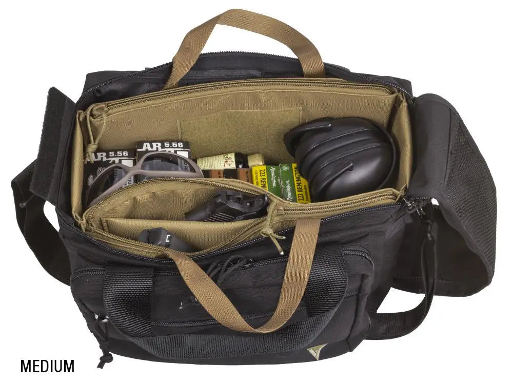 Black and tan Elite Range Bag featuring multiple compartments for optimal organization