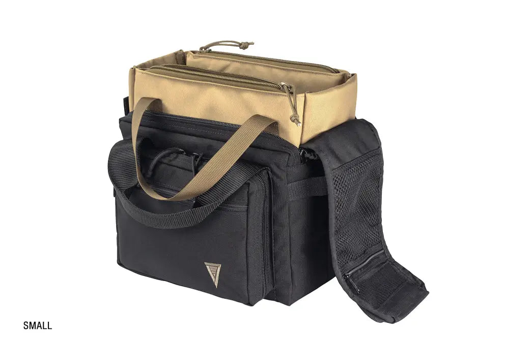 Black and tan tactical shoulder bag with compartments, ideal for the Elite Range Bag