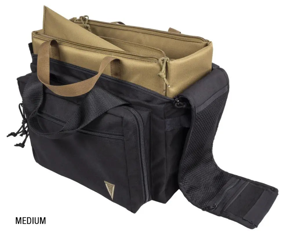 Black and tan Elite Range Bag with multiple compartments and adjustable straps