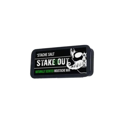 Black tin of Stake Out Mustache Wax - Unscented with skull logo for first responders